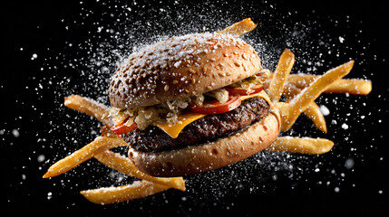Dynamic photo of a burger with fries on black background