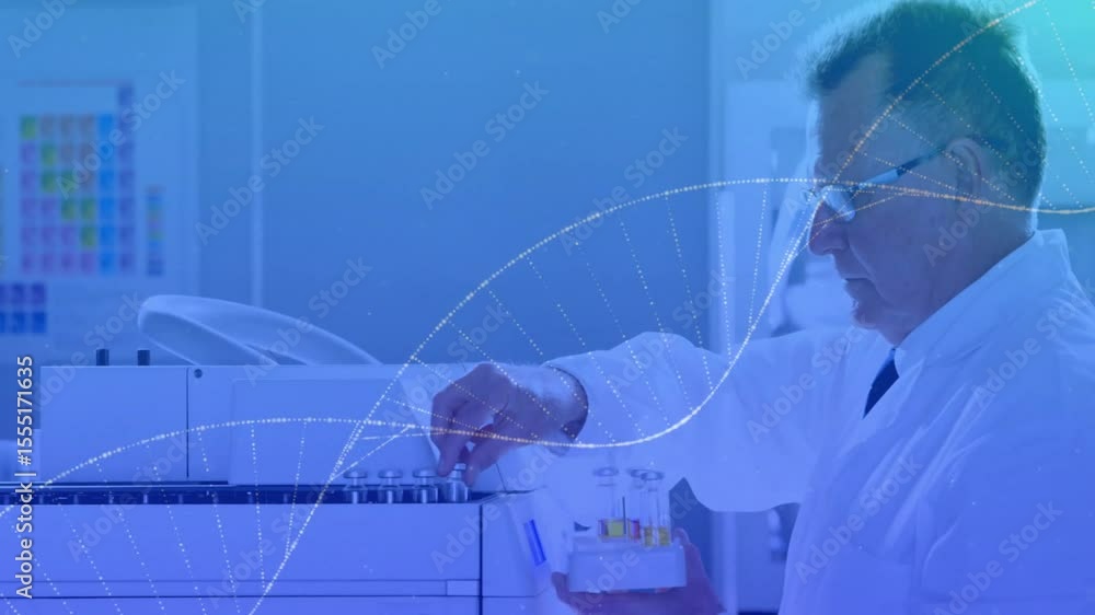 Poster senior scientist lifting tubes inserting into lab analyzer for analysis as waveform overlay pulses