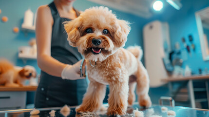 dog being groomed at groomer dog beauty salon. Dog standing on work bench table at groomer salon