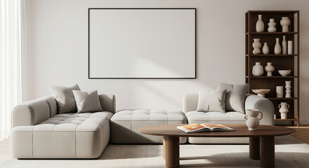 Living Room Interior with Sofa Coffee Table and Blank Wall for Art