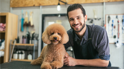 groomer with groomed dog standing at table in groomers beauty salon