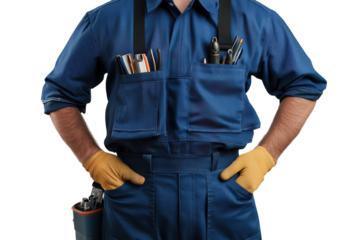 Technical man wearing blue uniform and gloves stands confidently with tools at his side, ready for work in a professional setting