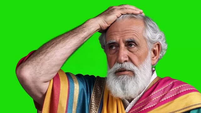 An elderly Hindu man in a national religious outfit is reciting mantras and speaking with regret, with a green background and a mock-up for editing