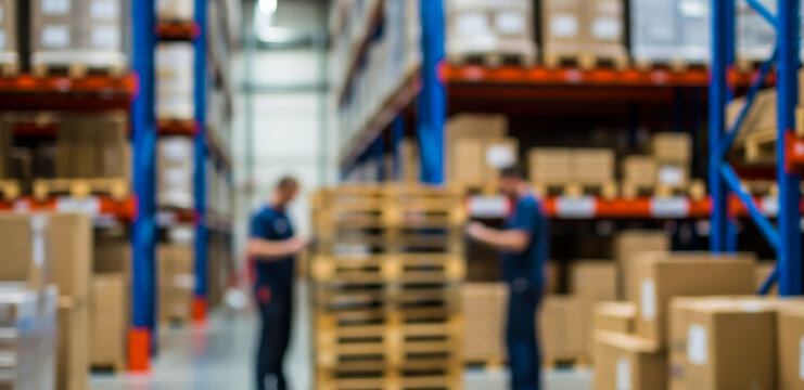 Two workers stand in a warehouse with stacked boxes and shelving units.