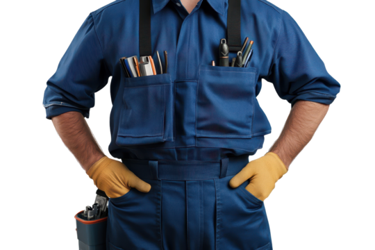Technical man wearing blue uniform and gloves stands confidently with tools at his side, ready for work in a professional setting