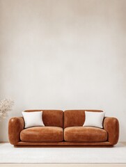 Brown leather curved couch in minimalist neutral living room interior, soft modern editorial aesthetic content for social media