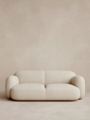 Editorial Aesthetic White Bouclé sofa in minimalist neutral living room interior with warm light, photography for social media faceless digital content marketing