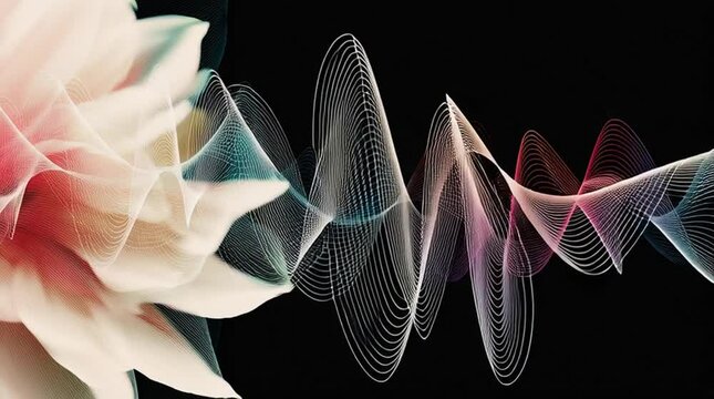 Abstract graphic representation of violin sound waves, with elegant, flowing lines on a dark background.

