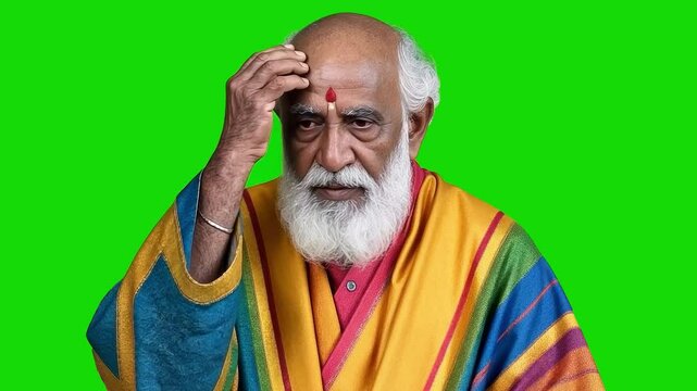 An elderly Hindu man in a national religious outfit is reciting mantras and speaking with regret, with a green background and a mock-up for editing