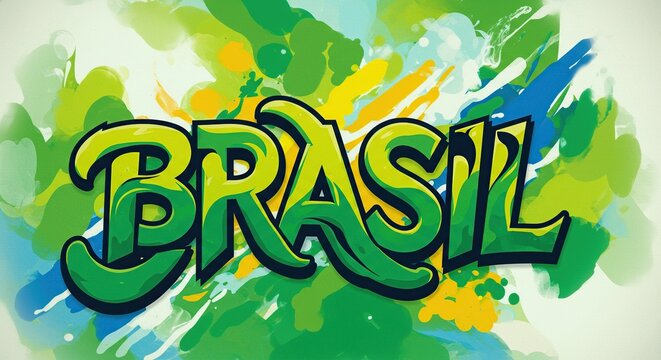 The word brasil in green and yellow graffiti style over a colorful abstract background design art