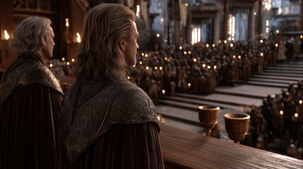 Royalty overseeing an epic ceremony in a grand hall, a majestic event steeped in history and tradition.