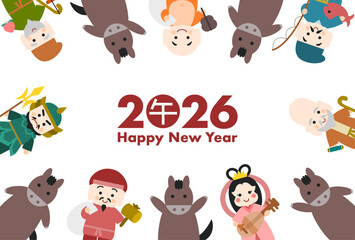 Fototapeta premium かわいい馬と七福神の2026年（午年）年賀状イラスト