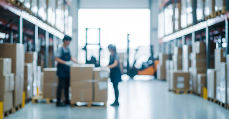 Fototapeta premium Two people stand near stacked boxes in a large warehouse with shelves.