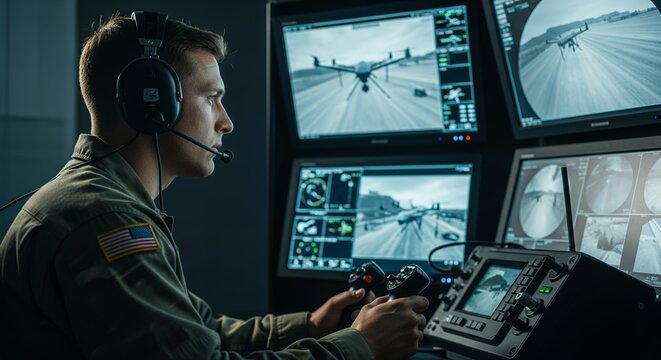 Drone Operator Monitoring Multiple Screens