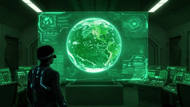 Man using virtual reality headset to explore holographic Earth model   - Powered by Adobe