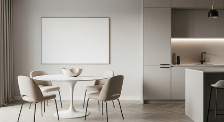 Modern Dining Room Interior with Table Chairs and Blank Wall