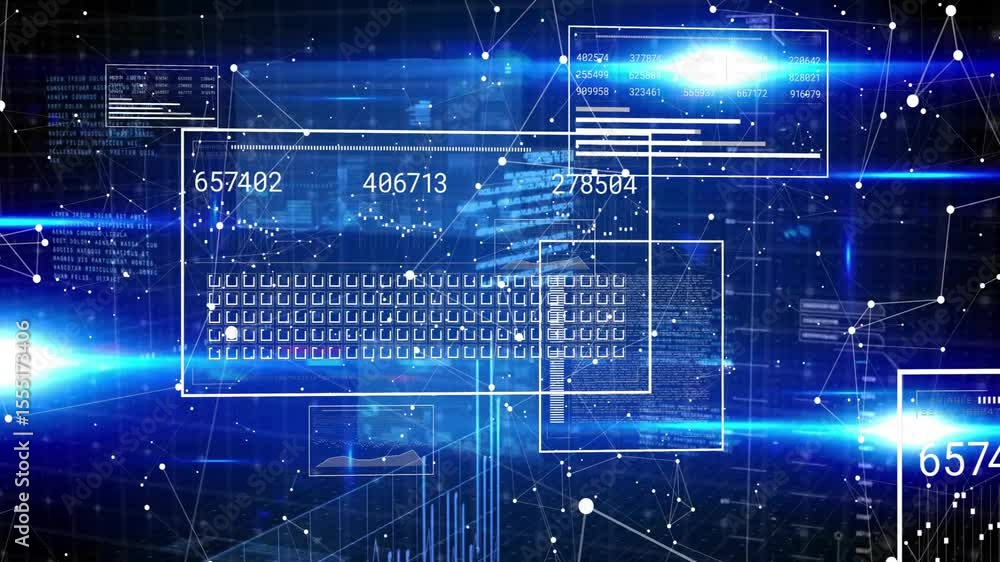 Poster outline appearing panels sliding and aligning nodes pulsing, numbers updating, showing data trends