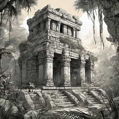 Shallow Depth of Field Jungle Ruins in Technical Drawing Style