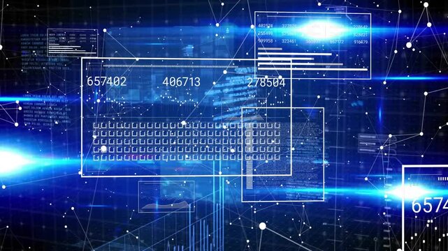 Outline appearing panels sliding and aligning nodes pulsing, numbers updating, showing data trends