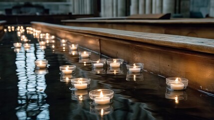 Candles Floating in Water: A serene and spiritual scene of numerous candles floating in a dark water channel, creating a captivating reflection and ambient lighting within a cathedral.