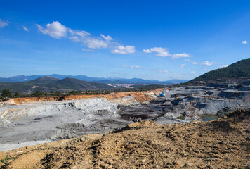 Panoramic aerial view of coal mine. Open pit mine industry, big yellow mining truck for coal...