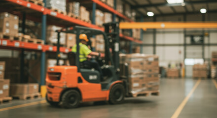 Forklift operator moves pallet of boxes in a warehouse with shelves.