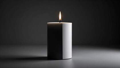A bold black-and-white candle burns in moody, minimalist lighting, highlighting contrast, elegance, and modern design.