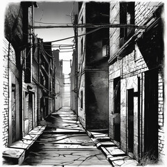 Noir Alleyway with Rim Light in Section Drawing Style