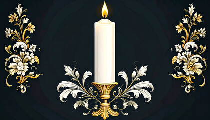 Hand-drawn style candle with ornate gold and white floral design on a black background. Elegant and timeless.