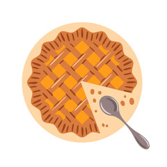 This vector illustration features a delectable pumpkin pie, perfectly baked and served with a slice alongside a spoon for easy enjoyment. Its warm hues and inviting texture evoke the deliciousness of