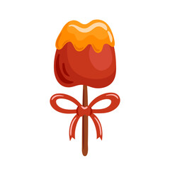 This vector illustration features a delicious caramel apple on a stick, tied with a bright red bow. The enticing combination of flavors and festive presentation makes it a delightful treat for any