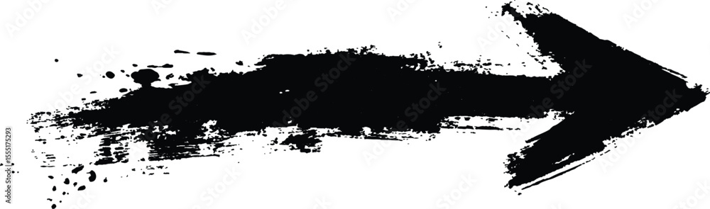 Poster Black arrow painted with splashes isolated on white background. Black arrow marker isolated with a hand-drawn effect on a white background. 