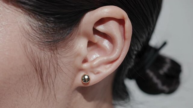 close-up of a Japanese woman's ear wearing a small gold stud earring
