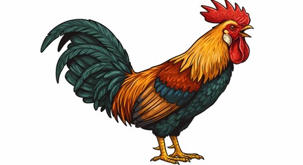 Fototapeta premium Colorful Rooster Illustration Bright Red Comb and Vibrant Feathers on White Background