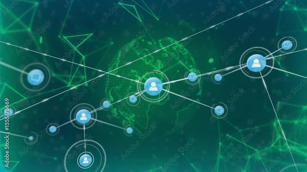 Poster Digital globe pulsating, user icon emerging with lines extending and visualizing global links