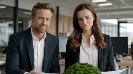 Two young engineers study a holographic globe showing global energy links, with an emphasis on sustainability and eco-tech