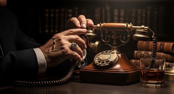 Vintage rotary phone being used by a person in a suit