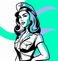 Retro Pin-up Girl in Military Uniform, Pop Art Style Illustration