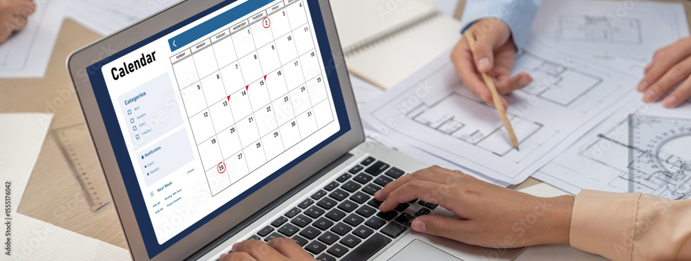 Poster calendar on computer software application for brisk schedule planning for personal organizer and onl