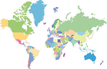 World map with colored countries vector illustration suitable for education and apps. Vector map of the world with colorful countries flat and simple global layout