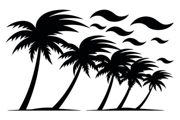 Bent Coconut Tree in Tropical Storm – Strong Wind Silhouette Vector Illustration