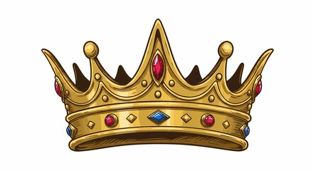 Gold Crown with Red and Blue Gems on White Background