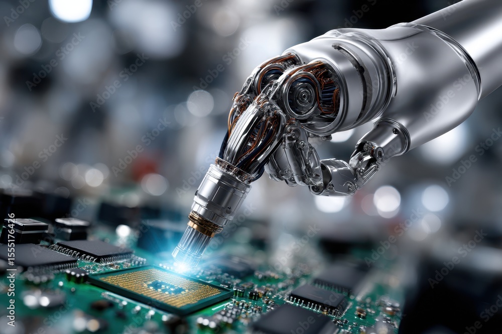 Poster robotic hand delicately interacts with computer circuit board in a high-tech environment