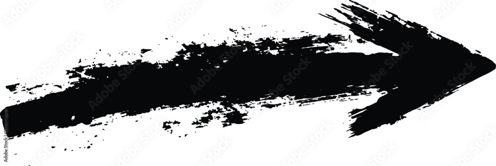 Poster Black arrow painted with splashes isolated on white background. Black arrow marker isolated with a hand-drawn effect on a white background. 