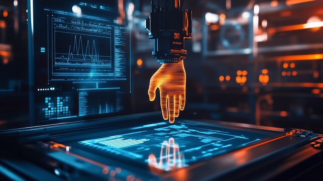 Futuristic robotic arm interacting with a holographic display in a high-tech laboratory setting.  Advanced technology,  data visualization,  automated processes - Powered by Adobe