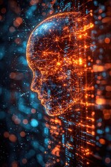 Glowing Digital Human Head Profile in Orange and Blue