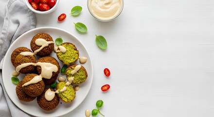 Falafel Delight: A Vibrant Plate with Tahini, Tomatoes, and Basil on White Wood