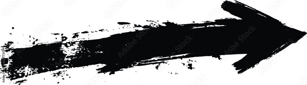 Poster Black arrow painted with splashes isolated on white background. Black arrow marker isolated with a hand-drawn effect on a white background. 