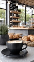 A cappuccino rests on a marble counter while a barista prepares fresh pastries in a lively coffee shop atmosphere
