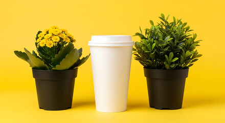 White Coffee Cup Between Potted Plants with Yellow Background